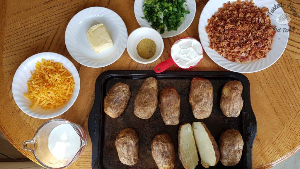 Ingredients for fully loaded stuffed potatoes.