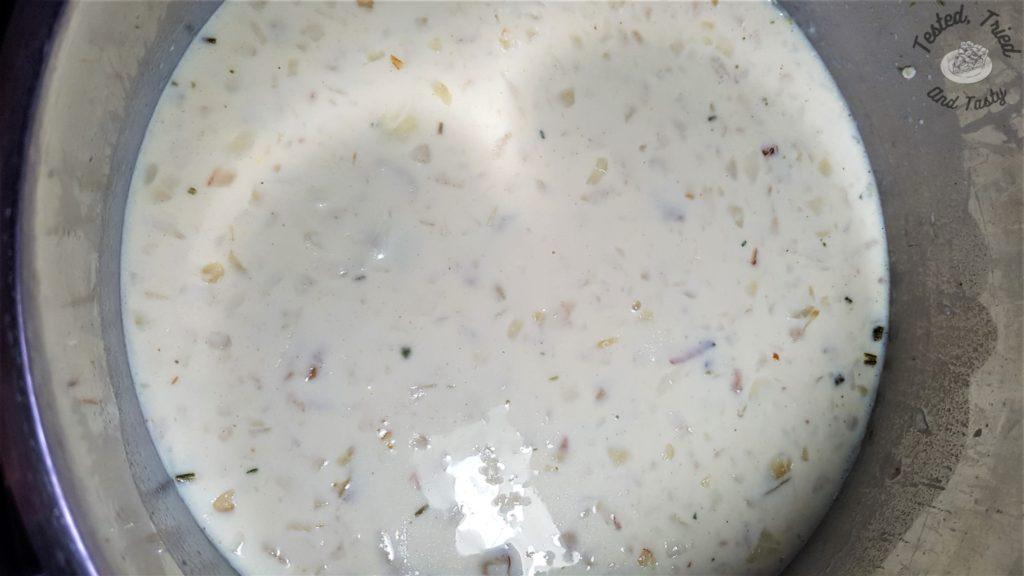 Cream of mushroom soup in a large saucepan.