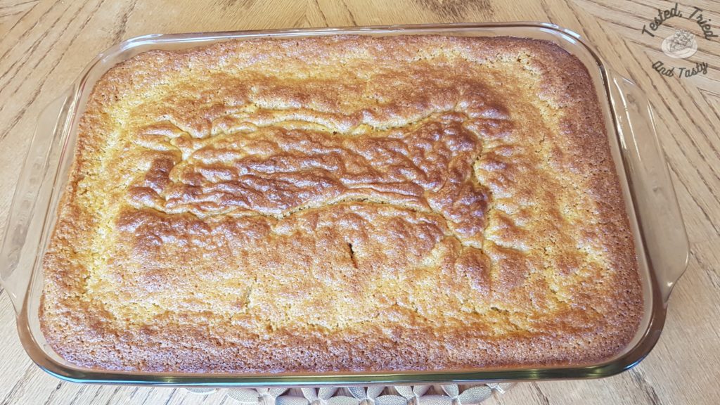 Buttermilk Graham cornbread in glass pyrex 9x13" pan.