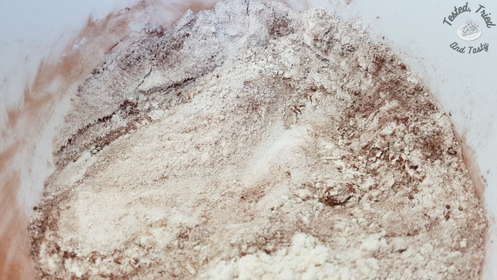 Flour, cocoa, sugar,a nd salt mixed together.