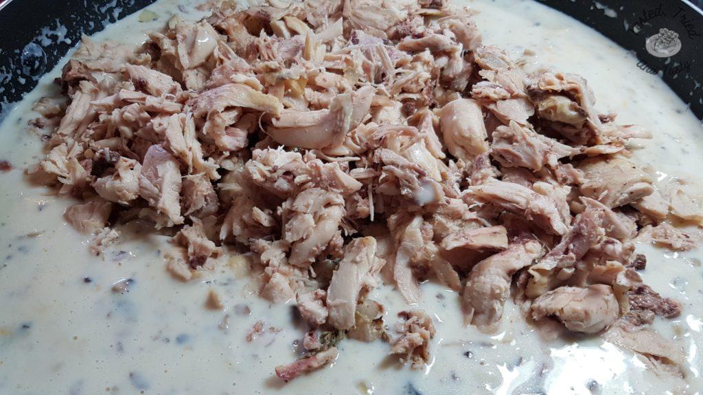 Chicken added to the mornay sauce for creamy chicken lasagna.