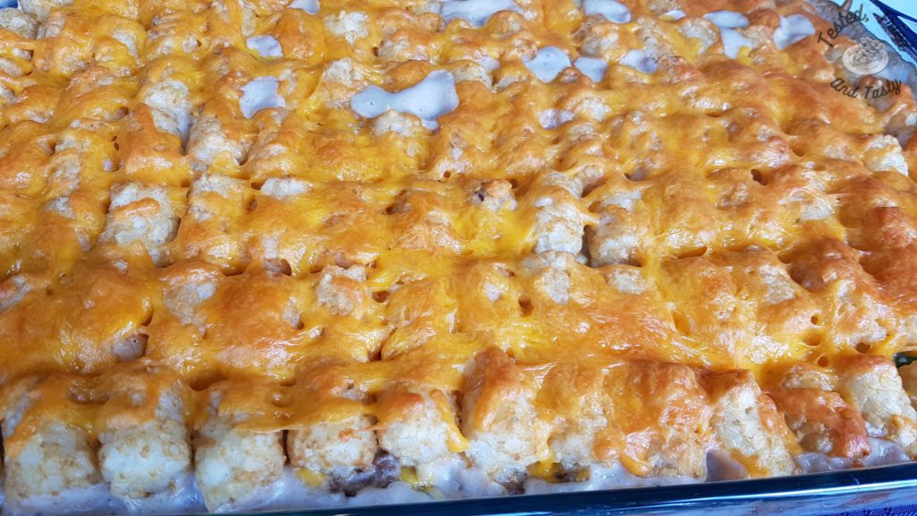 deluxe tatertot casserole finished baking