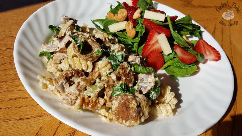 Garlic Sausage and Spinach Alfredo with Strawberry Spinach Salad.