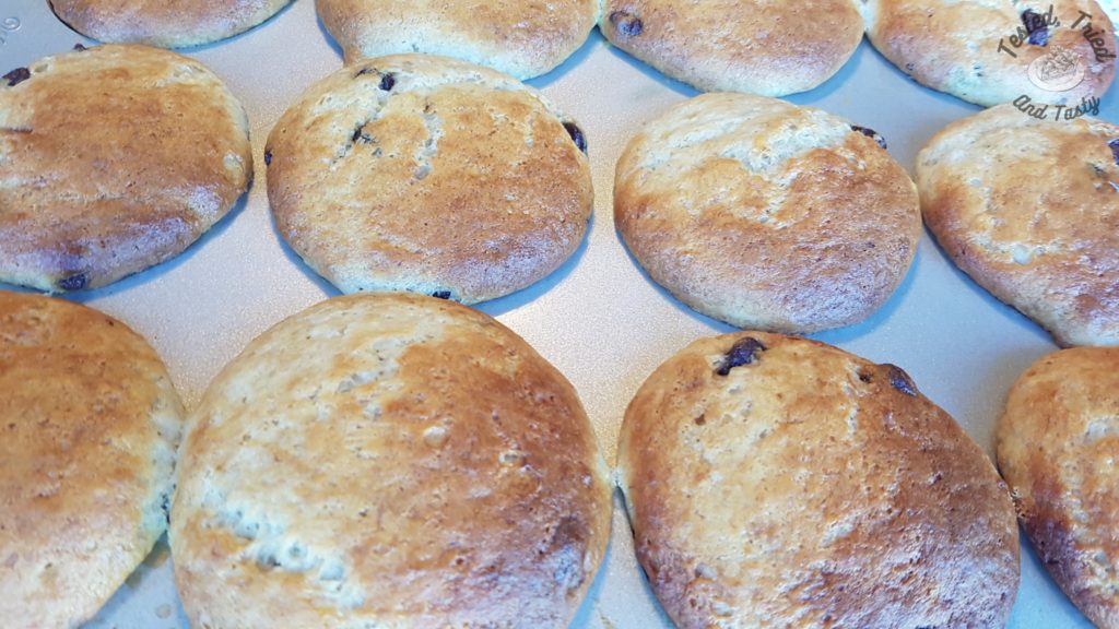 Banana chocolate chip muffins in a tin finished baking.