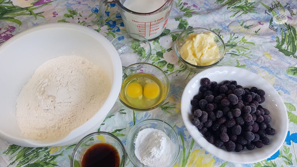 Ingredients for blueberry muffins with streusel topping.