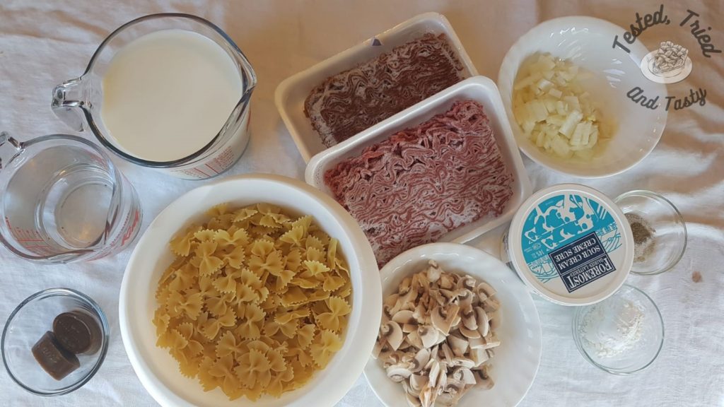Ingredients for hamburger helper stroganoff.
