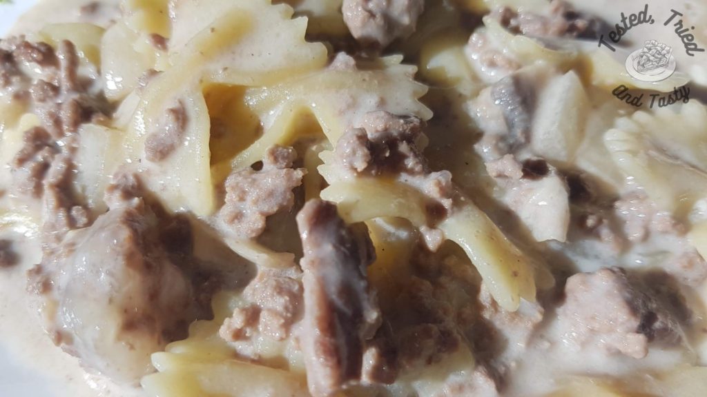 Close up of Hamburger helper stroganoff.