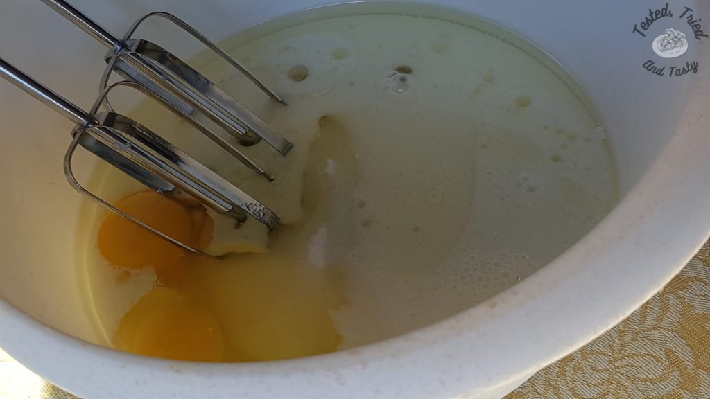 Eggs, milk, oil ready to be mixed.