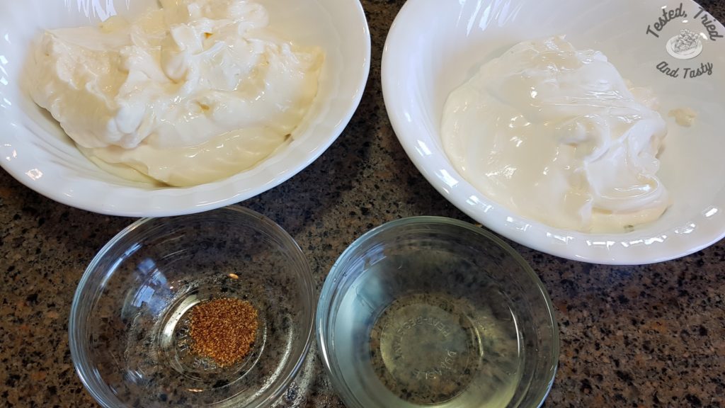 Ingredients for the creamy dressing to go on dill pickle pasta salad.