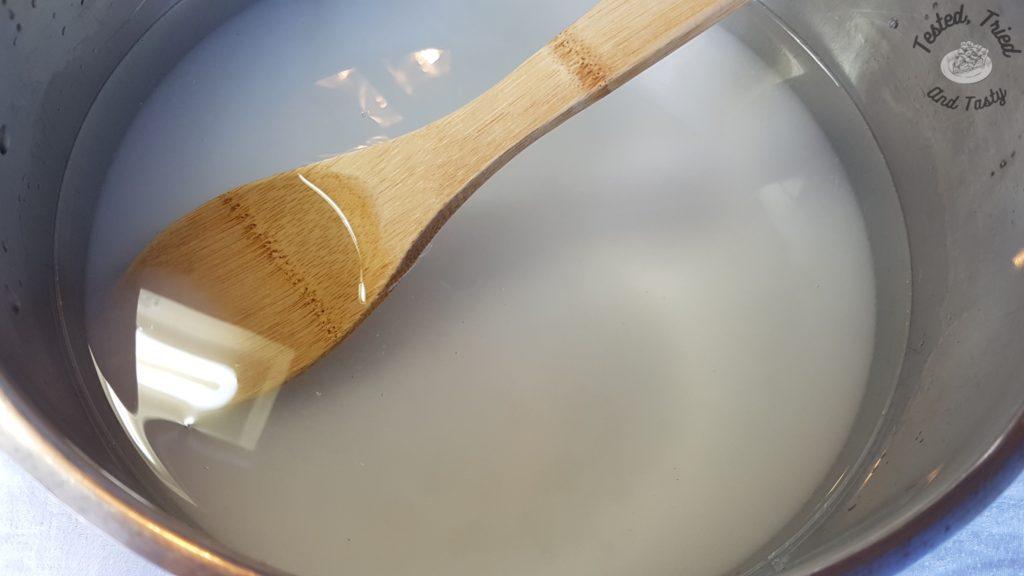 Making the brine with vinegar, water, sugar and salt.