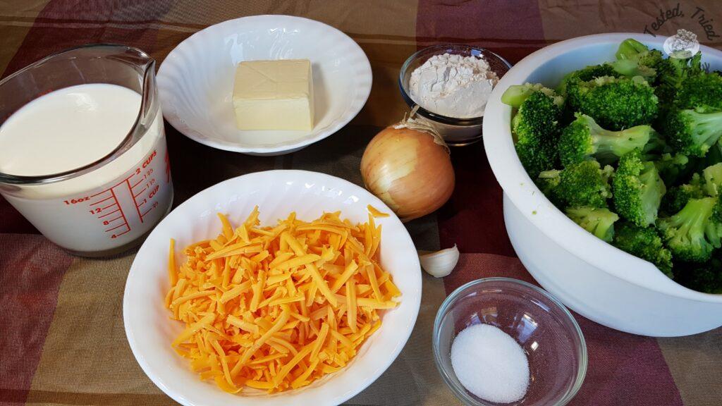Ingredients for broccoli au gratin casserole.