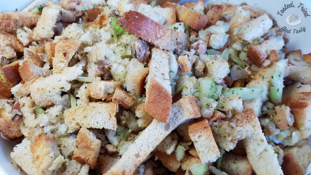 Slow cooker stuffing ready to be either frozen or cooked.