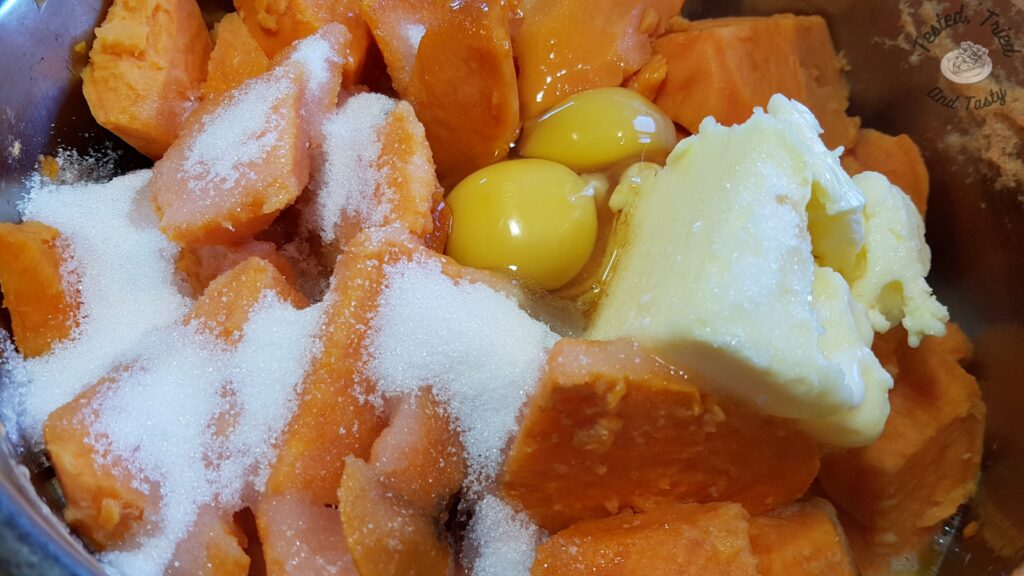 Sweet potatoes, butter, sugar, milk, vanilla and eggs.