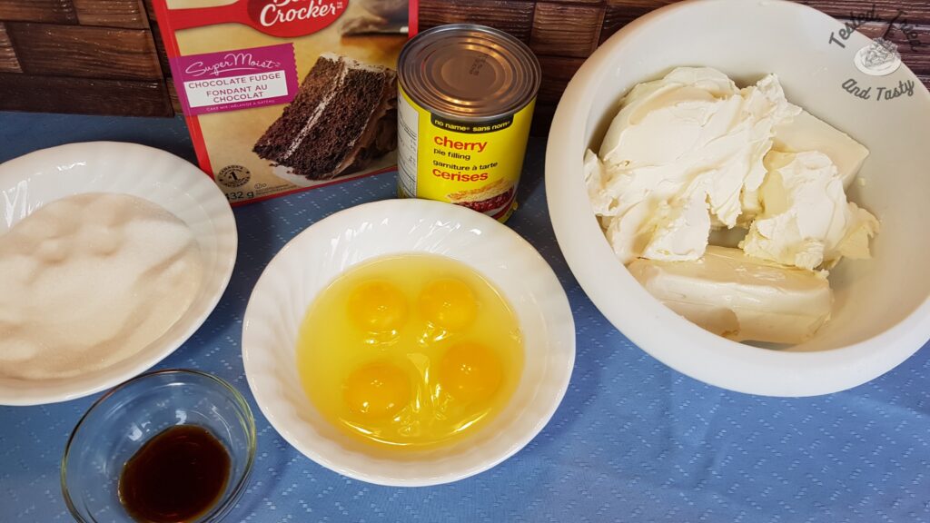 Ingredients for black forest cheesecake cake.