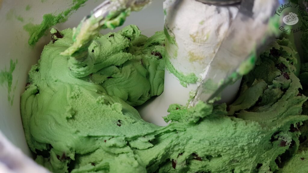 Batter for mint chocolate chip cookies.