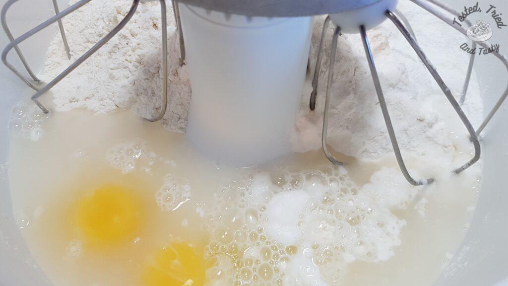All dough ingredients in the mixer.