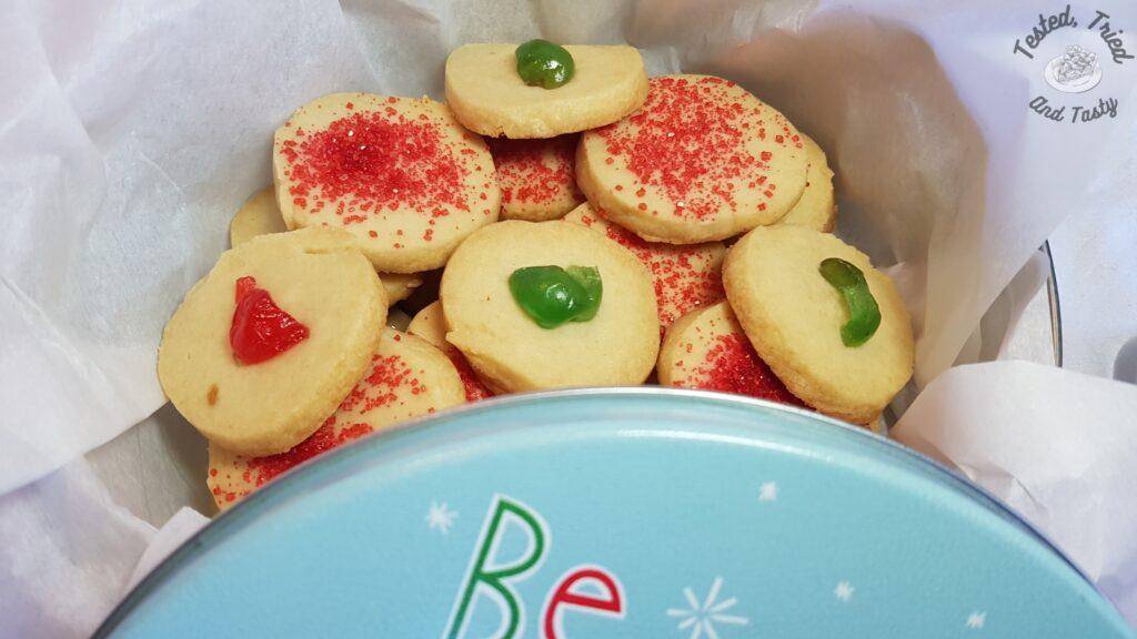 Shortbread cookies in a Christmas tin.