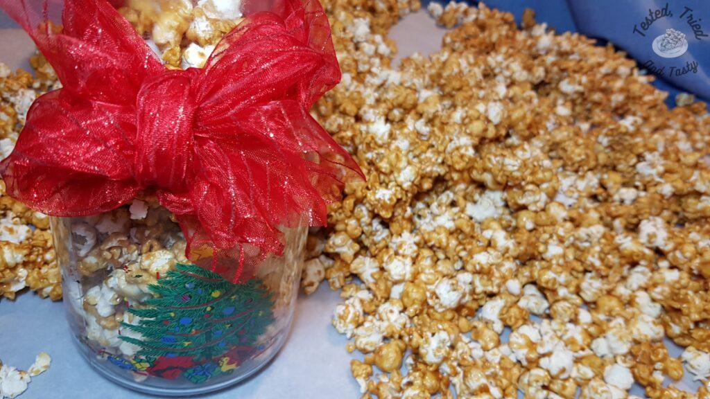 Popcorn with caramel sauce after it's baked.