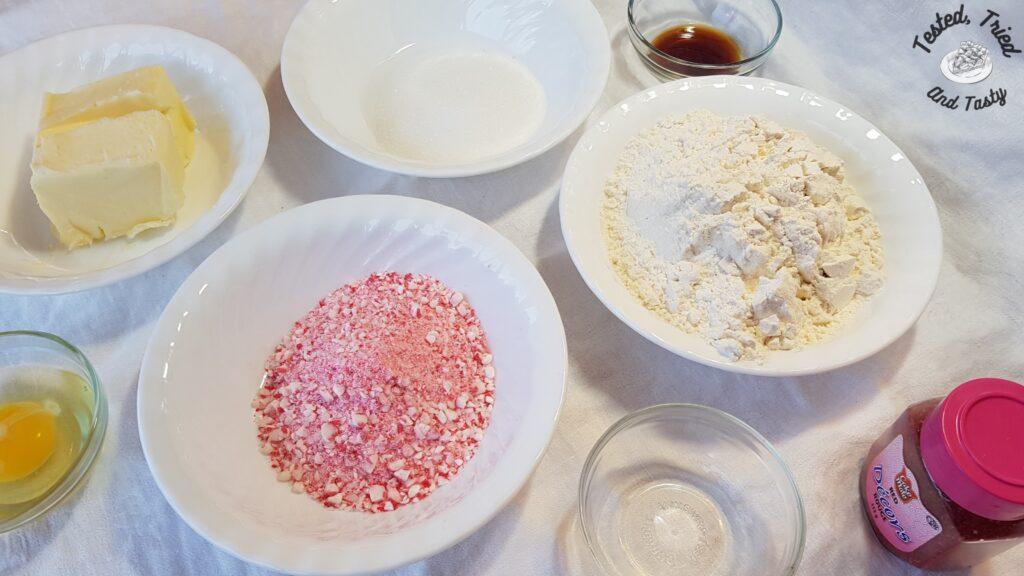Ingredients for peppermint icebox cookies.