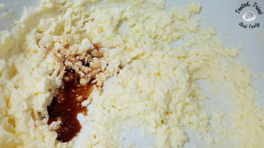 Vanilla added to creamed butter and sugar.