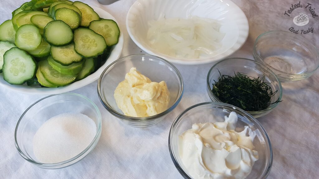 Ingredients for creamy cucumber salad.