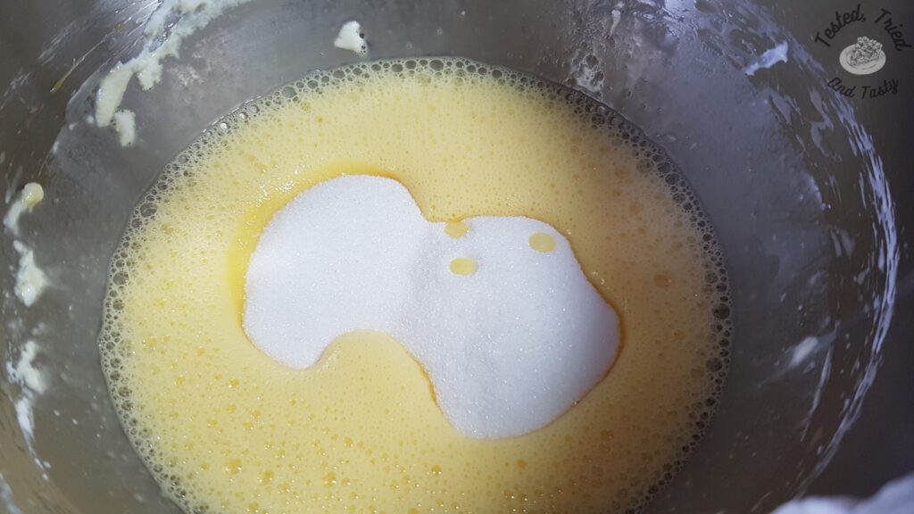 Beaten eggs with granulated sugar added to them.
