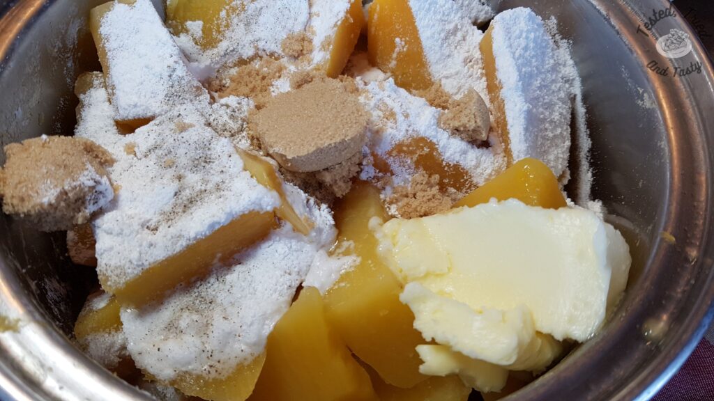 Cooked rutabaga with brown sugar, flour, salt, and eggs.