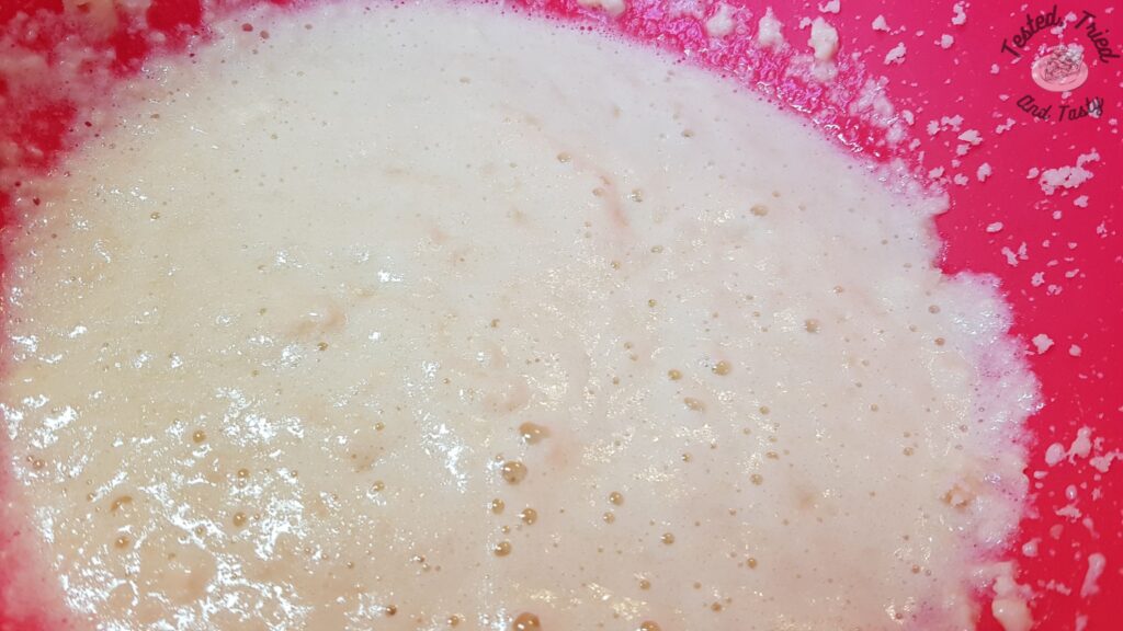 Eggs beaten into the creamed butter and sugar mixture.