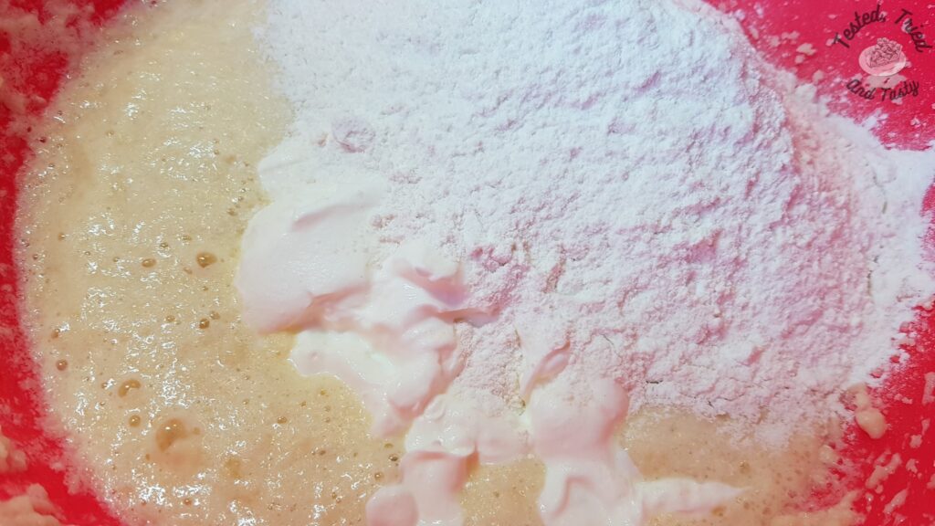 Flour and sour cream added to the liquid ingredients for Peach Kuga.