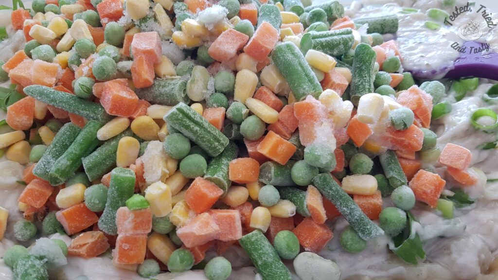 Frozen mixed veggies added to the turkey gravy and mushroom soup.