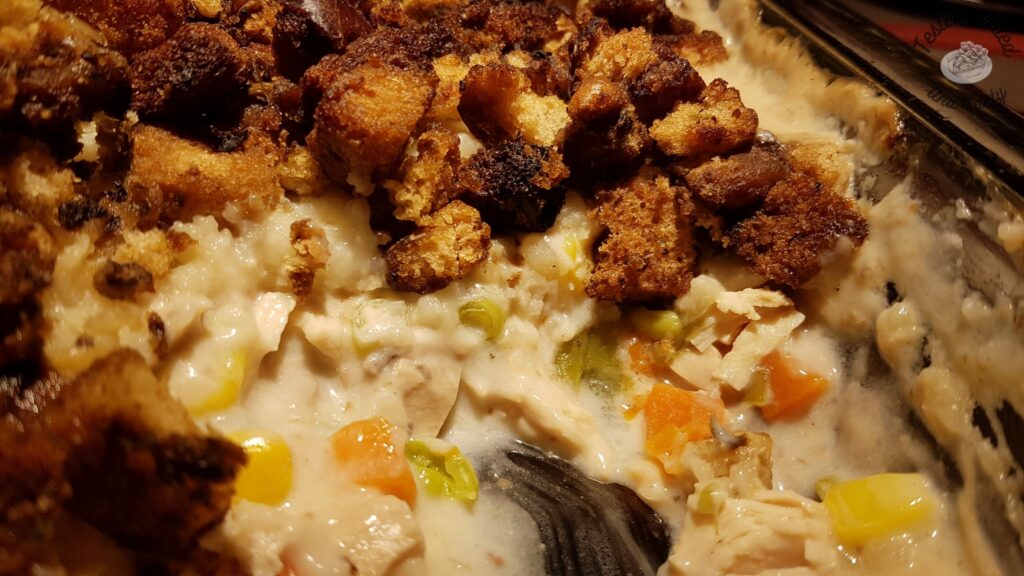Leftover turkey casserole finished baking.