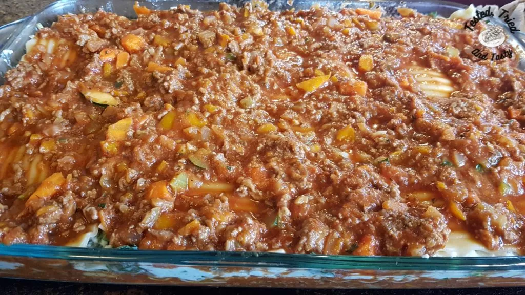 Tasty baked lasagne ready to be baked.