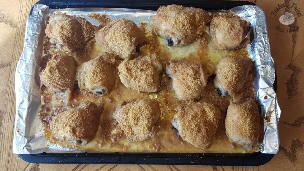 Parmesan garlic shake n bake on a foil lined cookie sheet