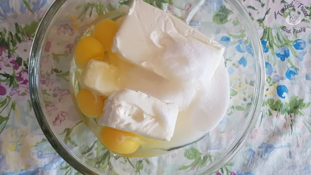 Cream Cheese, eggs and sugar for cheesecake top.