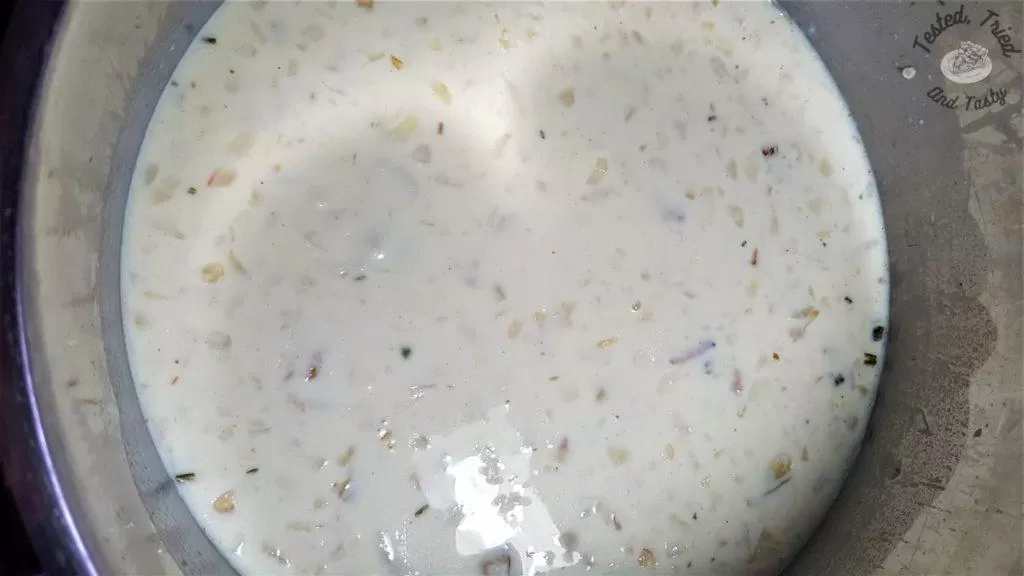 Cream of mushroom soup in a large saucepan.