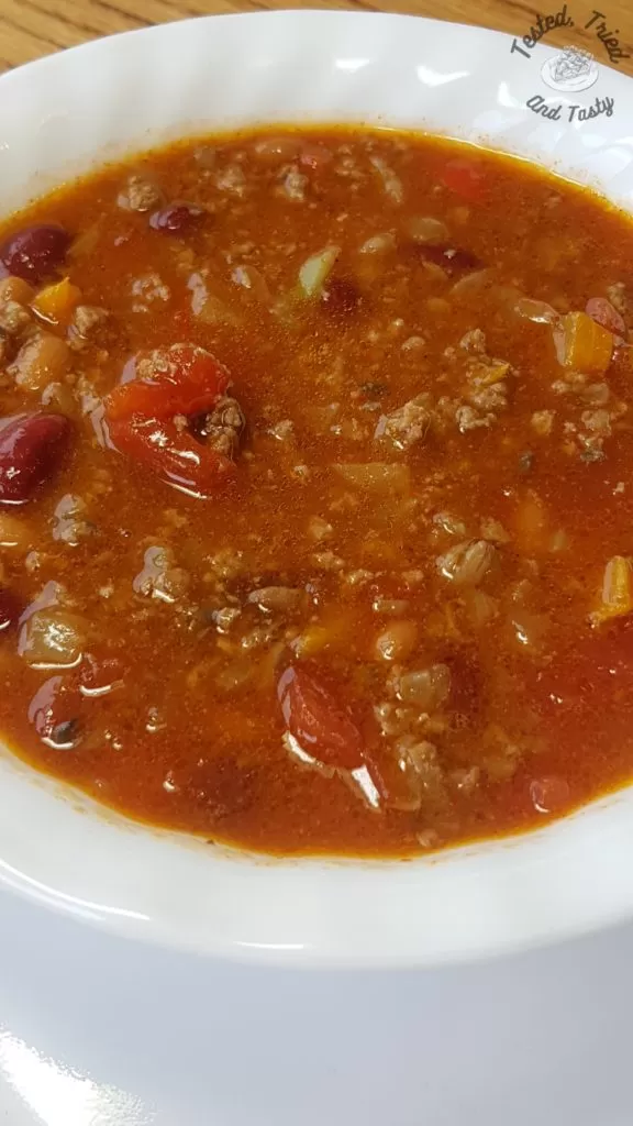 classic homemade chili in a white bowl