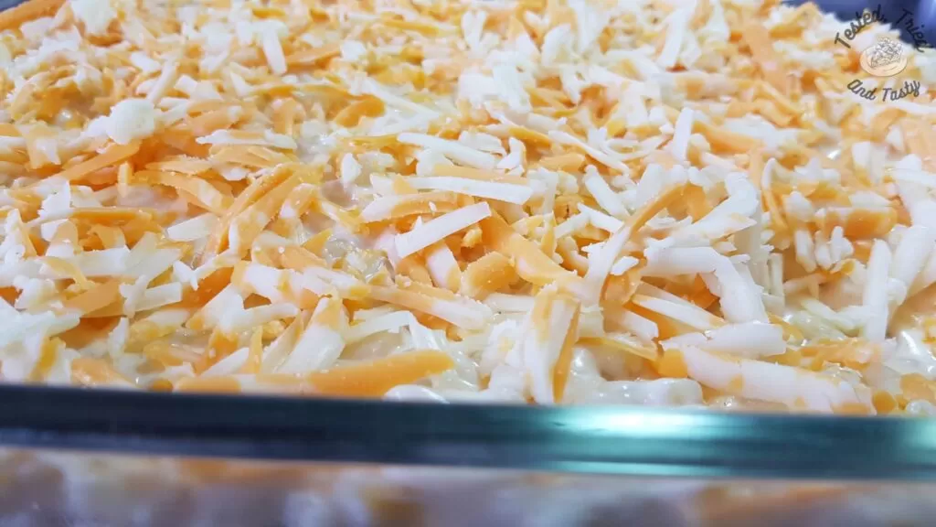 First 2 layers of creamy baked macaroni and cheese recipe.