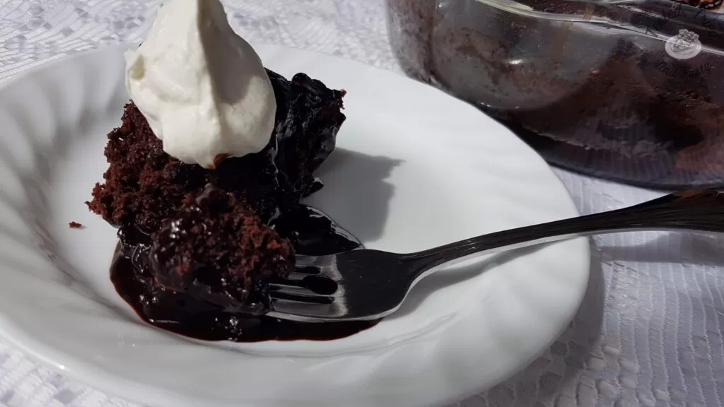 Chocoholic Pudding Cake with vanilla whipped cream!