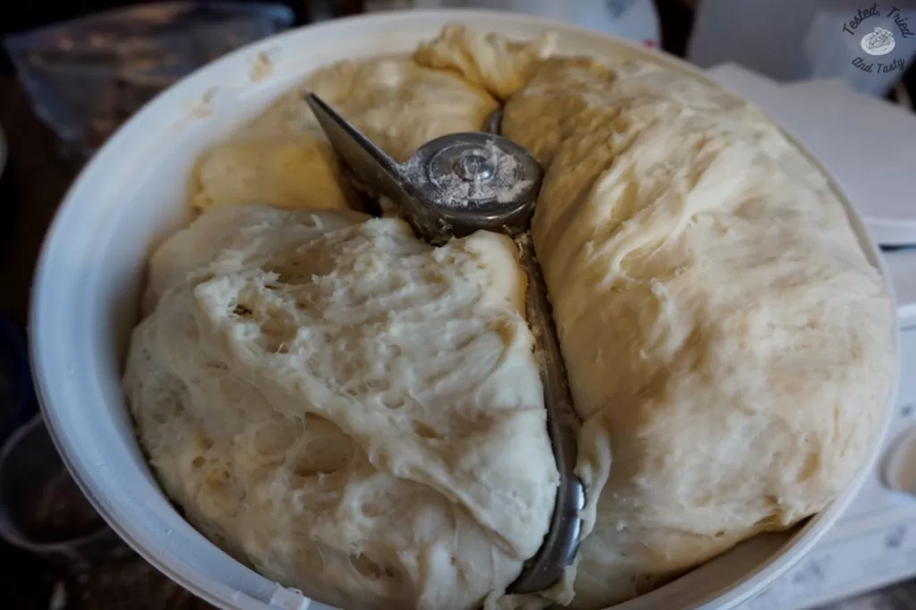 Bread dough risin in a bosch mixer.
