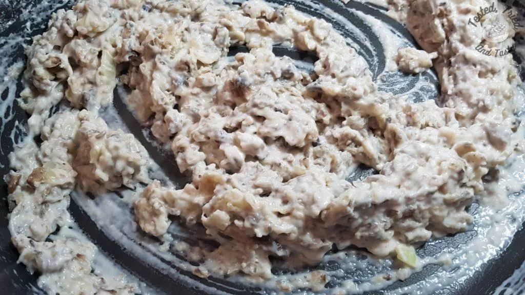 Flour added to the mushroom and onion mixture.