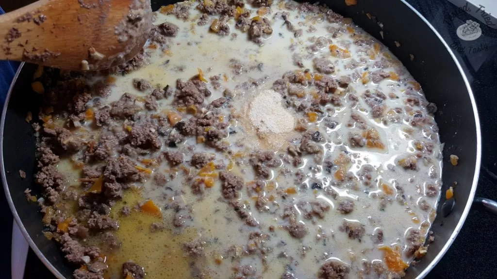 Meat sauce for delicious perogy casserole.