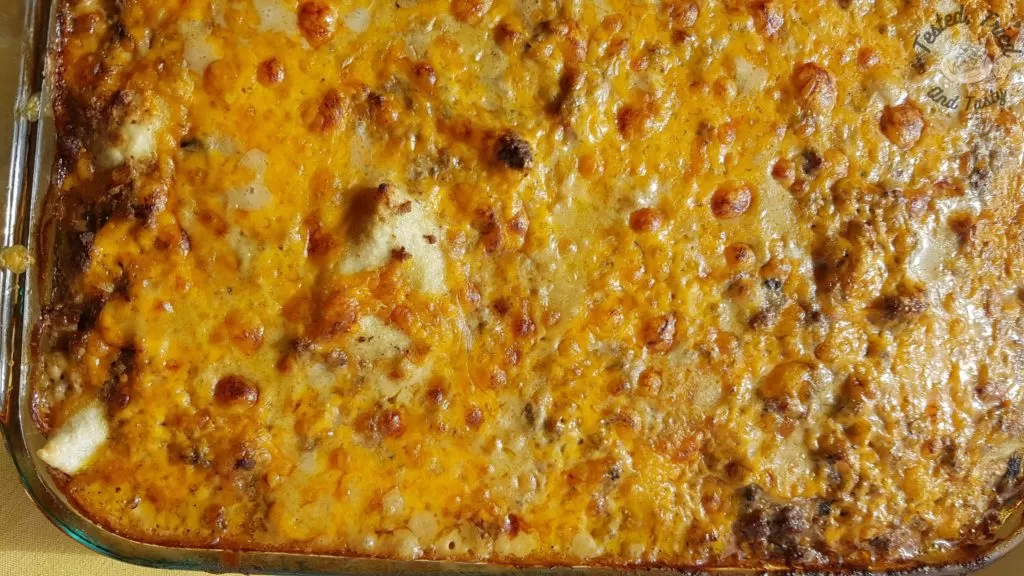 Delicious perogy casserole finished baking