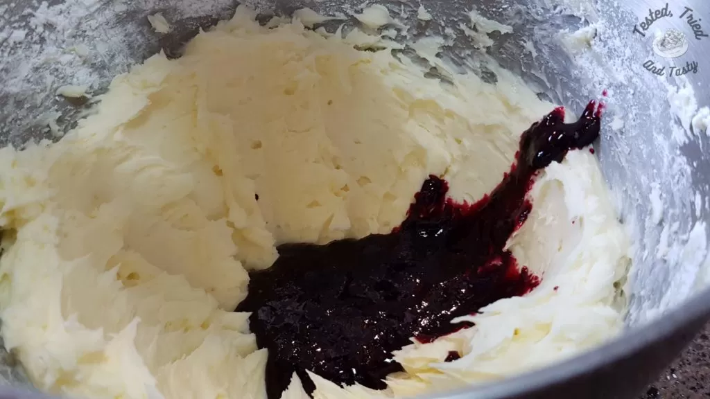 blueberry syrup added to vanilla buttercream