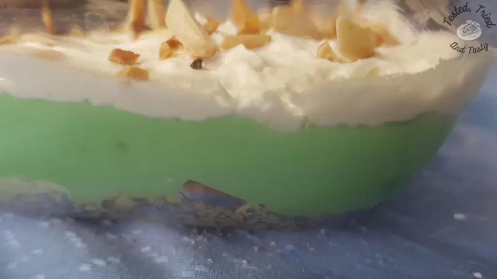 Close up of pistachio pudding dessert.