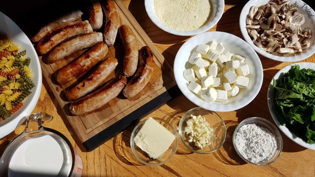 Ingredients for Garlic Sausage and Spinach Alfredo.