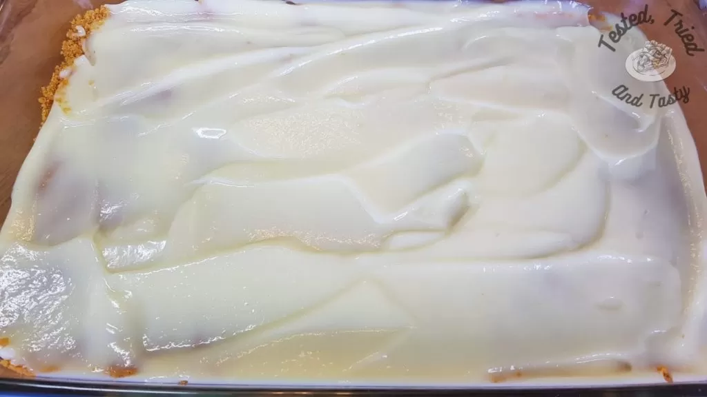 A layer of vanilla pudding spread on a graham crumb crust.