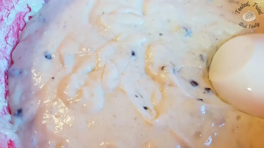 Batter for banana chocolate chip muffins.