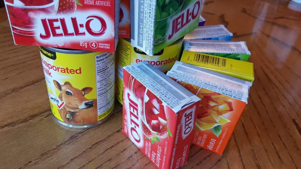 Ingredients for Layered Rainbow Jello Recipe.