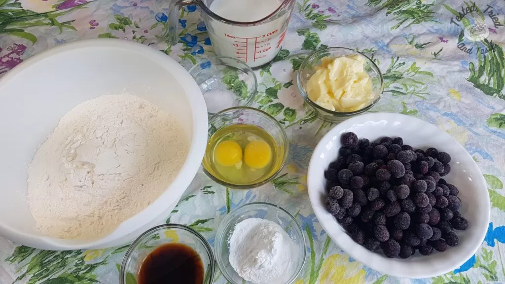 Ingredients for blueberry muffins with streusel topping.