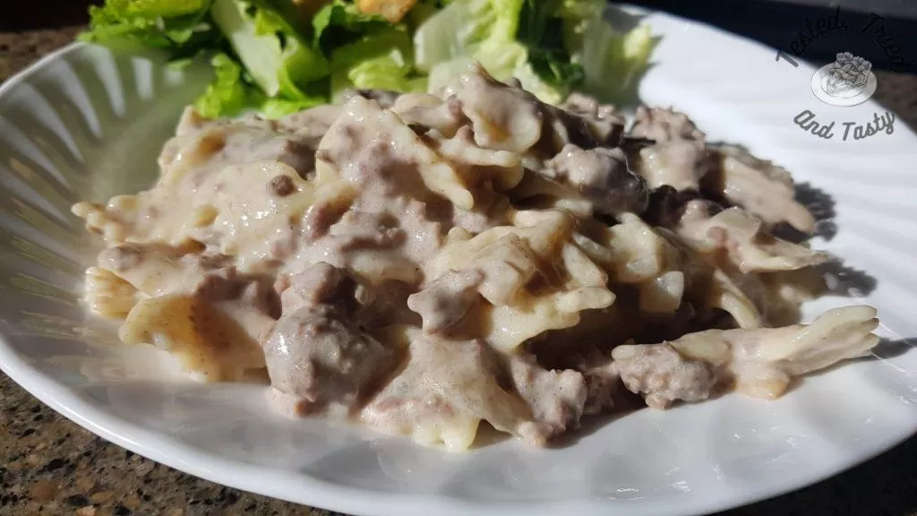 Hamburger helper stroganoff with caesar salad on a white plate.